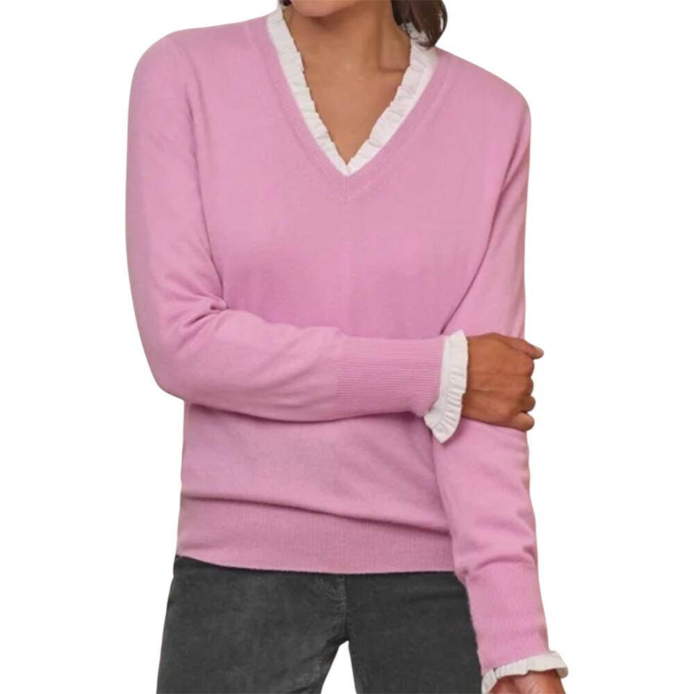 Pure Collection 100% Cashmere V Neck Sweater Long Sleeve Slim Sugar Pink 10